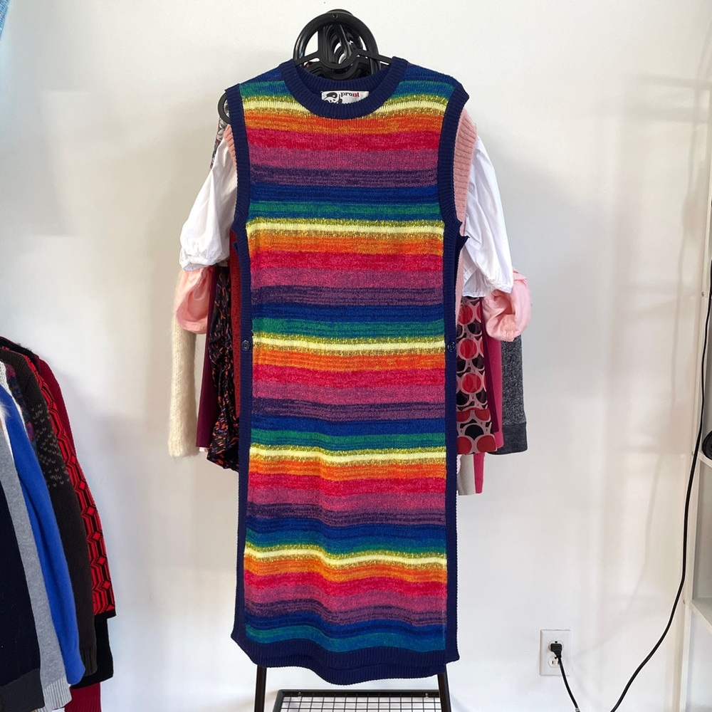 Vintage 1970s Pronto Rainbow Striped Sleeveless Open Side Knit Dress - Sz S